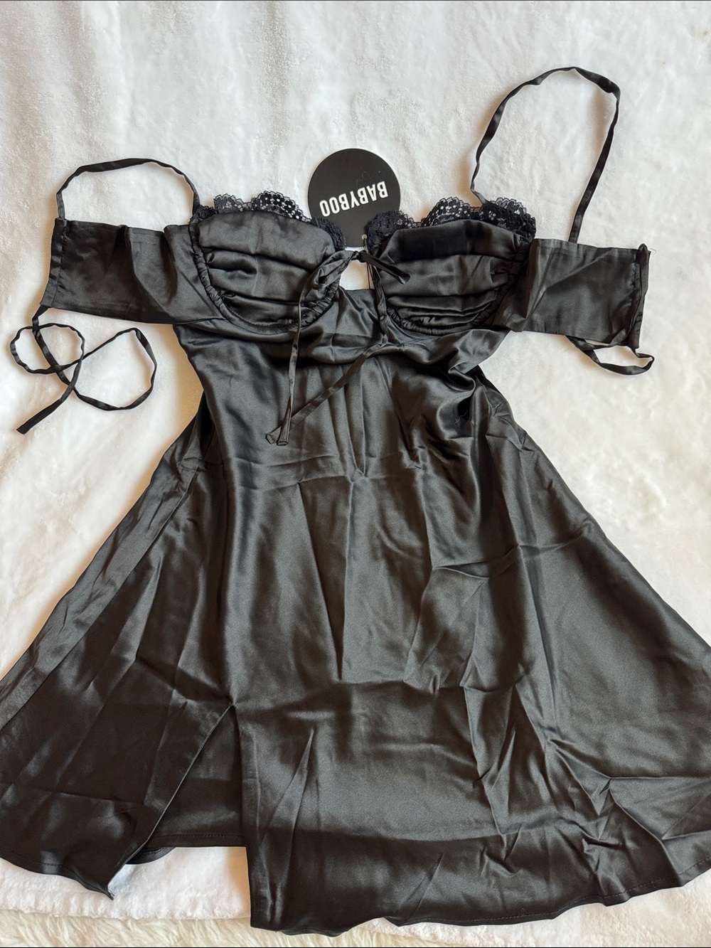 Black Satin Lace-Detail Night Chemise by BABYBOO
